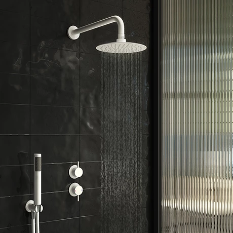 Arezzo Matt White Concealed Individual Diverter + Thermostatic Control Valve with Handset + Wall Mounted Shower Head 3 Arezzo Matt White Concealed Individual Diverter + Thermostatic Control Valve with Handset + Wall Mounted Shower Head