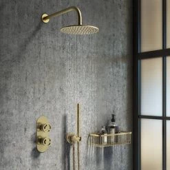 Arezzo Brushed Brass Industrial Style Round Modern Twin Concealed Shower Valve with Diverter -Showers Shop AZBBIV2 d3 460
