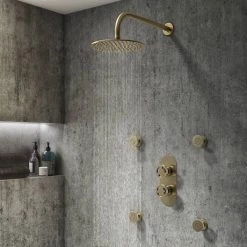 Arezzo Brushed Brass Industrial Style Round Modern Twin Concealed Shower Valve with Diverter -Showers Shop AZBBIV2 d4 460