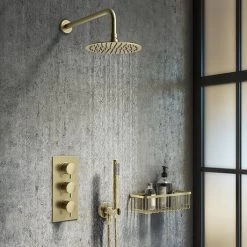 Arezzo Brushed Brass Round Thermostatic Shower Pack with Wall Mounted Head + Handset