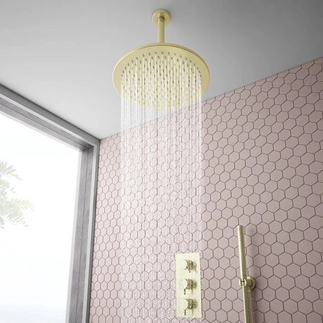 Arezzo Brushed Brass Round Thermostatic Shower Pack with 300mm Ceiling Mounted Head + Handset 3 Arezzo Brushed Brass Round Thermostatic Shower Pack with 300mm Ceiling Mounted Head + Handset