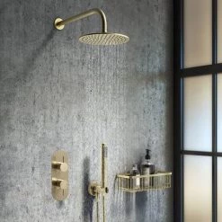 Arezzo Brushed Brass Round Twin Concealed Shower Valve w. Diverter + Oval Faceplate -Showers Shop AZBBSVDR detailv3 460