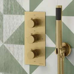 Arezzo Fluted Brushed Brass Round Thermostatic Shower Pack with Head + Handset -Showers Shop AZFR2BBPK d4 460