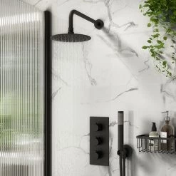 Arezzo Fluted Matt Black Round Thermostatic Shower Pack with Head + Handset