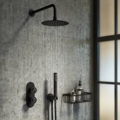 Arezzo Matt Black Industrial Style Round Modern Twin Concealed Shower Valve with Diverter -Showers Shop AZMBIV2 d3 460
