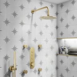 Arezzo Brushed Brass Industrial Style Push Button Shower Valve (3 Outlets) -Showers Shop AZPB03RBB d4 460