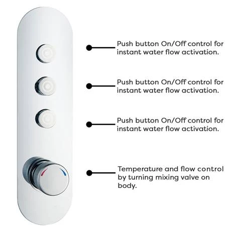 Arezzo Chrome Industrial Style Push Button Shower Valve with Diverter, Handset, Fixed Shower Head + 4 Body Jets 4 Arezzo Chrome Industrial Style Push Button Shower Valve with Diverter, Handset, Fixed Shower Head + 4 Body Jets - Image 2