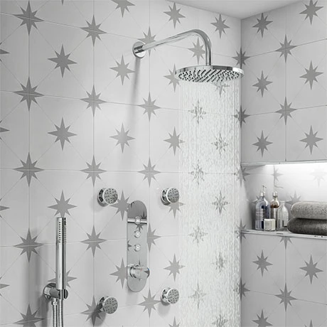 Arezzo Chrome Industrial Style Push Button Shower Valve with Diverter, Handset, Fixed Shower Head + 4 Body Jets 3 Arezzo Chrome Industrial Style Push Button Shower Valve with Diverter, Handset, Fixed Shower Head + 4 Body Jets