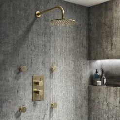 Arezzo Brushed Brass Round Shower System with Diverter, Fixed Shower Head + 4 Body Jets