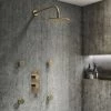 Arezzo Brushed Brass Round Shower System w. Diverter, Fixed Head + 4 Body Jets (Oval Backplate) -Showers Shop AZRDSV4BJBBR p