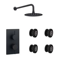 Arezzo Matt Black Round Shower System with Diverter, Fixed Shower Head + 4 Body Jets -Showers Shop AZRDSV4BJ n detail5 460