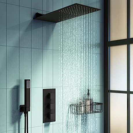Arezzo Matt Black Square Triple Thermostatic Shower Pack w. Flat Fixed Head + Handset 3 Arezzo Matt Black Square Triple Thermostatic Shower Pack w. Flat Fixed Head + Handset