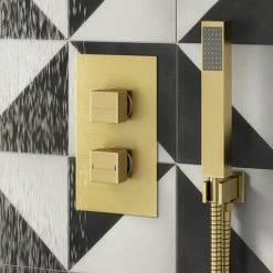Arezzo Brushed Brass Square Shower System (Twin Valve with Diverter, Wall Mounted Head + Handset) 11 Arezzo Brushed Brass Square Shower System (Twin Valve with Diverter, Wall Mounted Head + Handset) -Showers Shop AZSQBBSP5 detail03 460
