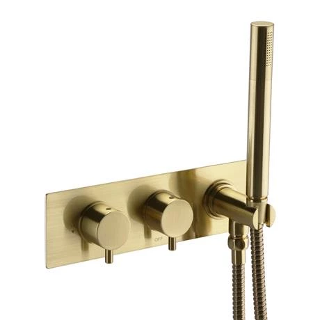 Arezzo Brushed Brass Round Shower System (Fixed Head, Handset + Integrated Parking Bracket) 4 Arezzo Brushed Brass Round Shower System (Fixed Head, Handset + Integrated Parking Bracket) - Image 2
