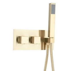 Arezzo Brushed Brass Square Shower System (300mm Fixed Head, Handset + Integrated Parking Bracket) -Showers Shop AZSVHBBPK2 d1 460