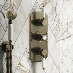 Chatsworth 1928 Antique Brass Traditional Shower with Concealed Valve, 8" Head + Handset -Showers Shop CH63VABPK1 d2 460