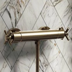 Chatsworth Antique Brass Traditional Crosshead Shower Bar Valve + Slider Rail Kit -Showers Shop CHTBVAB d3 460
