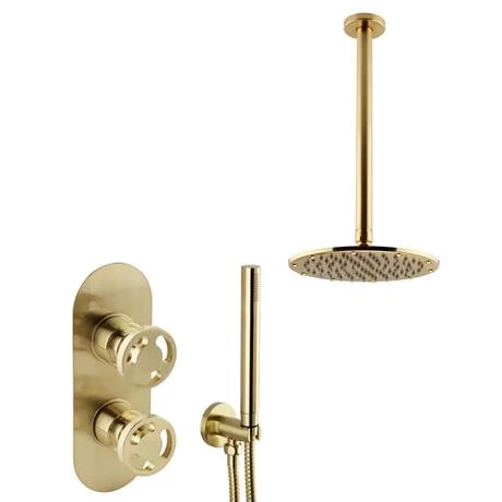 Arezzo Brushed Brass Industrial Style Shower System with Concealed Valve, Handset + Ceiling Mounted Head 7 Arezzo Brushed Brass Industrial Style Shower System with Concealed Valve, Handset + Ceiling Mounted Head - Image 5