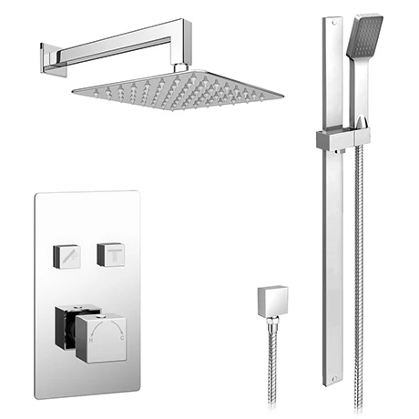 Milan Square Push-Button Shower w. Flat Riser Rail Kit + Rainfall Fixed Head 3 Milan Square Push-Button Shower w. Flat Riser Rail Kit + Rainfall Fixed Head