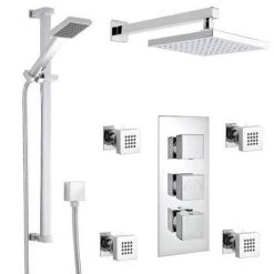 Milan Square Triple Shower Package with Diverter Valve, Head, 4 Body Jets + Slider -Showers Shop Milan Square Triple Shower Package MILSQSVBJSL d1 460