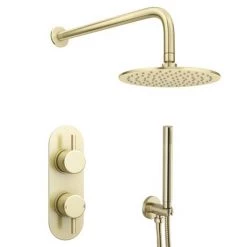 Arezzo Brushed Brass Round Thermostatic Shower Pack with Head + Handset (Oval Backplate) -Showers Shop RD4BBPKR d4 460