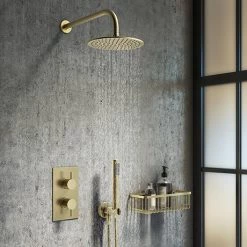 Arezzo Brushed Brass Round Thermostatic Shower Pack with Head + Handset
